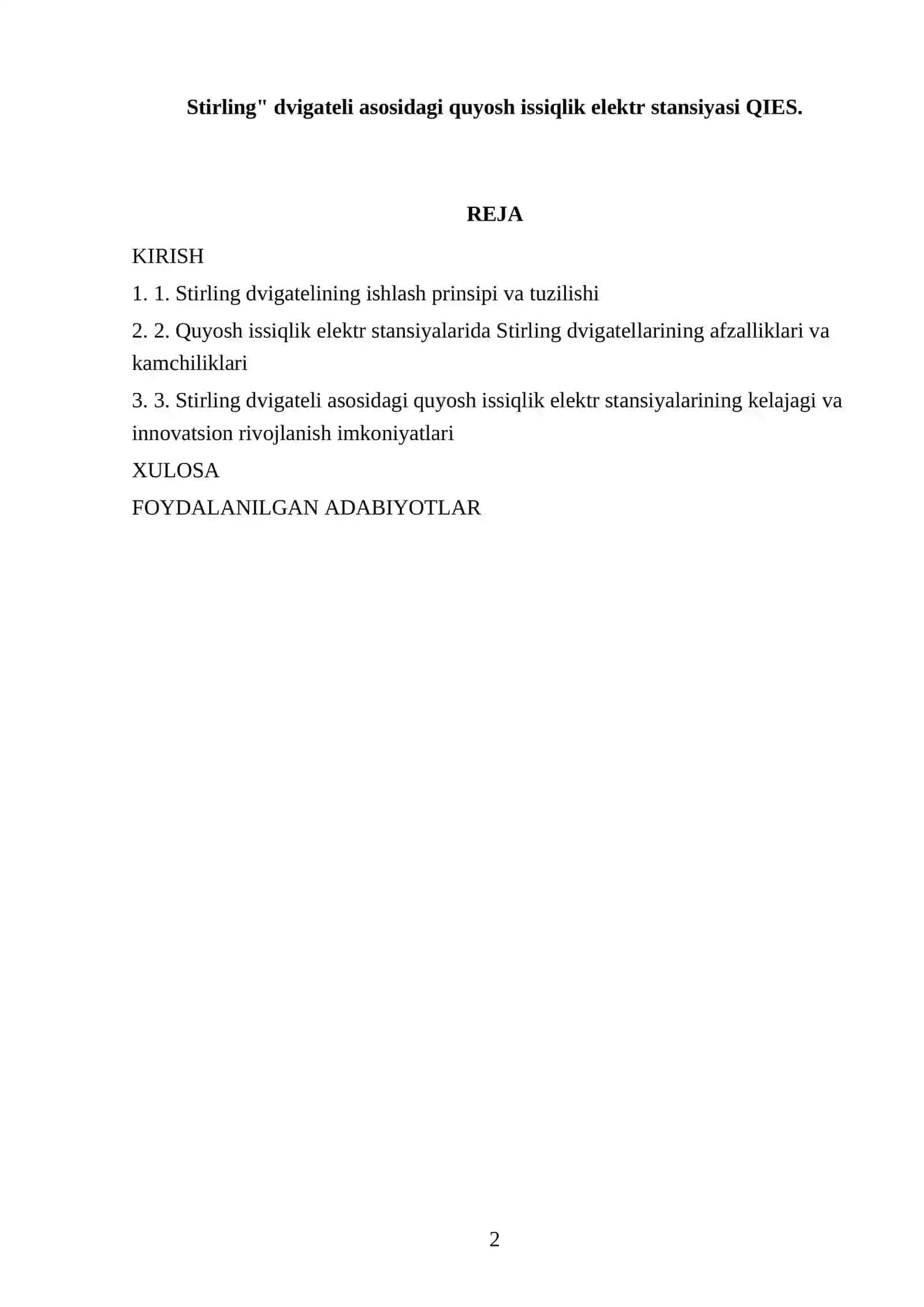 Stirling" dvigateli asosidagi quyosh issiqlik elektr stansiyasi QIES 2