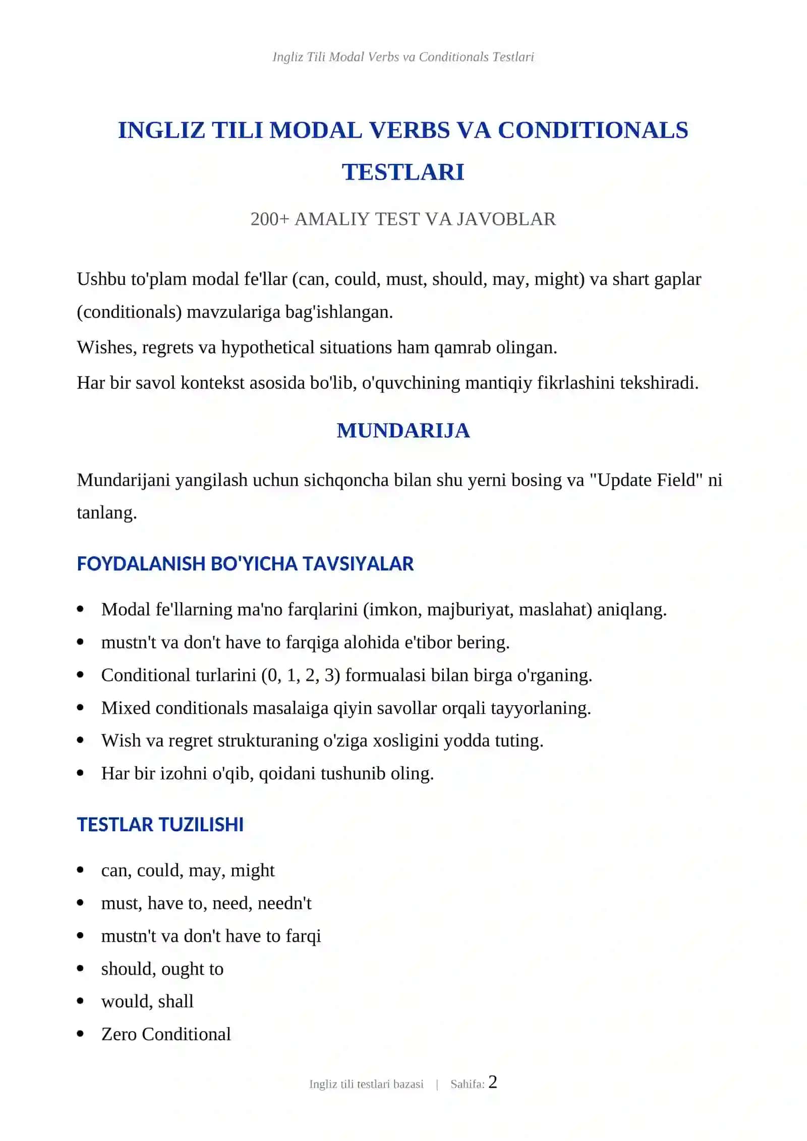 INGLIZ TILI MODAL VERBS VA CONDITIONALS TESTLARI 2