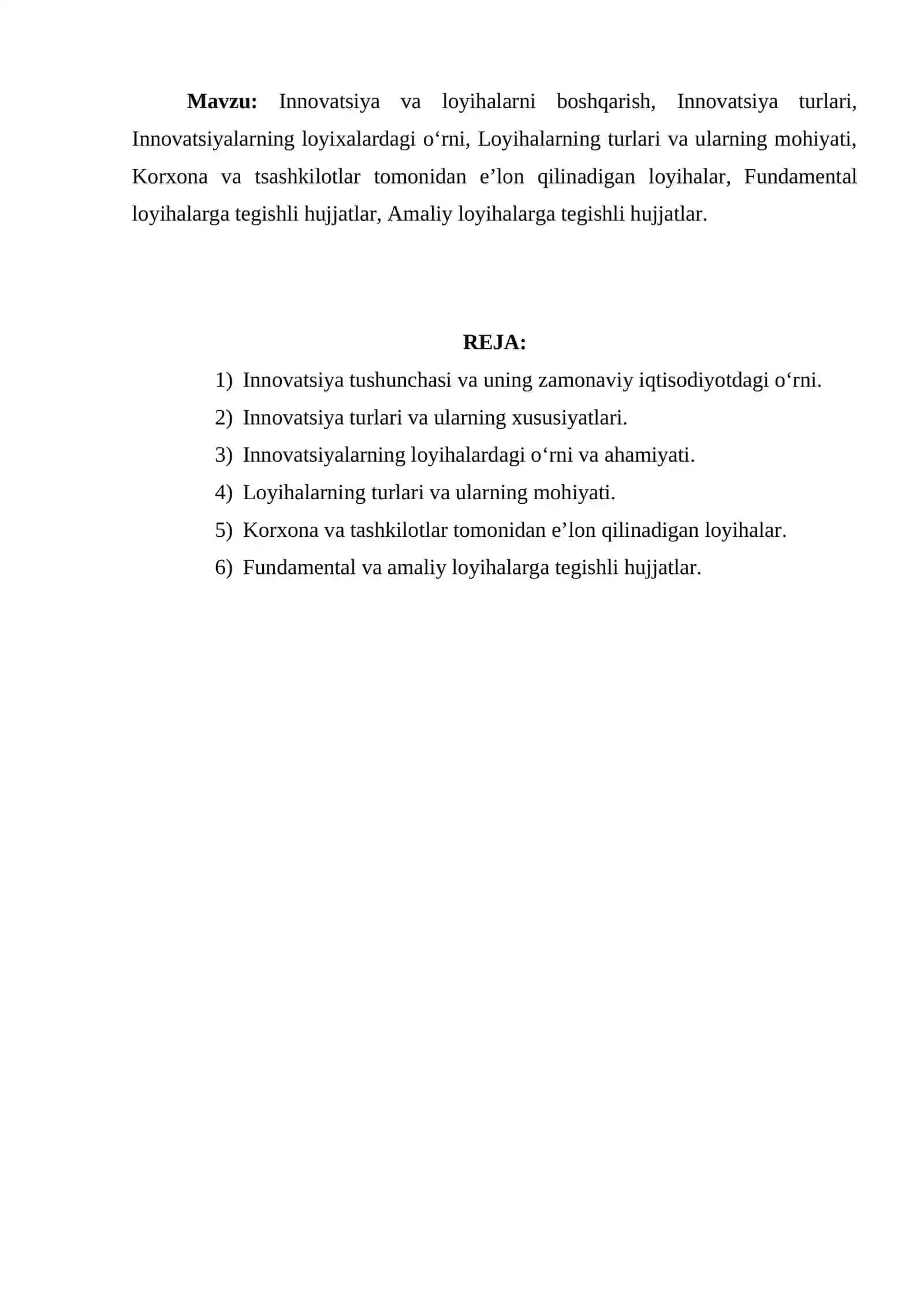 Innovatsiya va loyihalarni boshqarish fanidan mustaqil ish 2