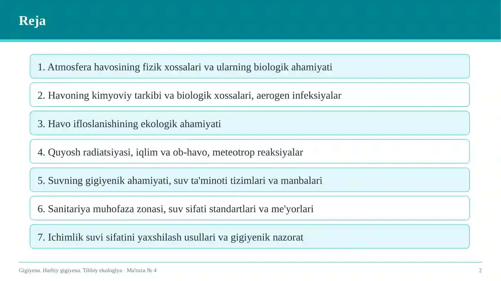 Gigiyena. Harbiy gigiyena. Tibbiy ekologiya 2