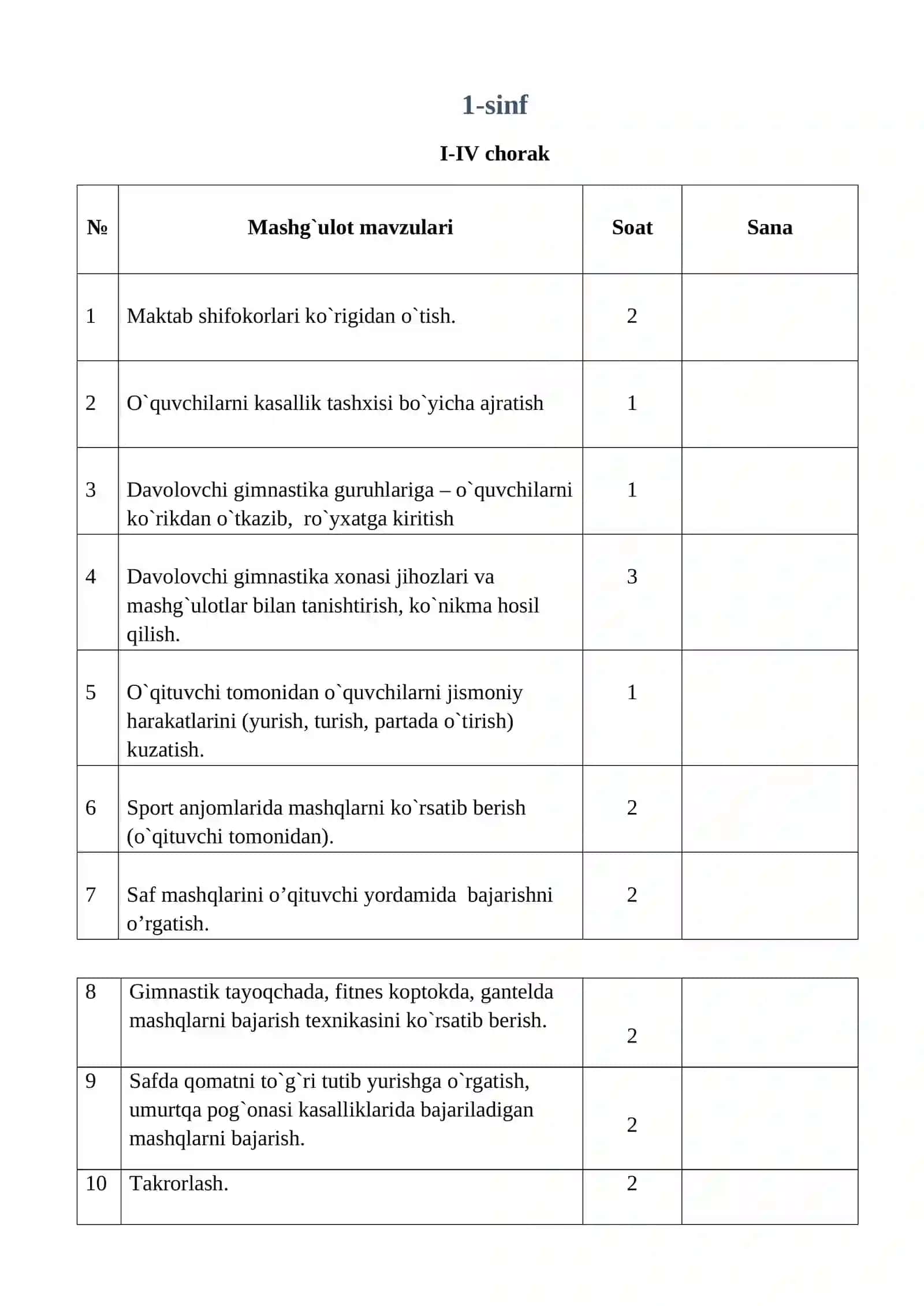 Davolovchi gimnastika fanidan taqvimiy mavzular rejasi 2