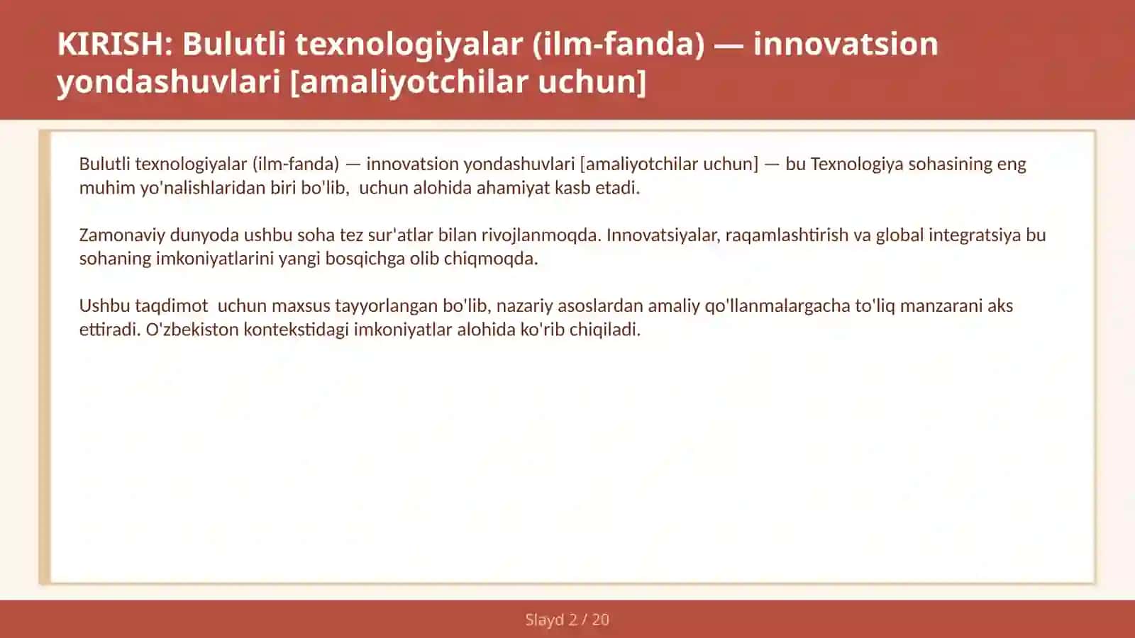 Bulutli texnologiyalar (ilm-fanda) — innovatsion yondashuvlari [amaliyotchilar uchun] 2