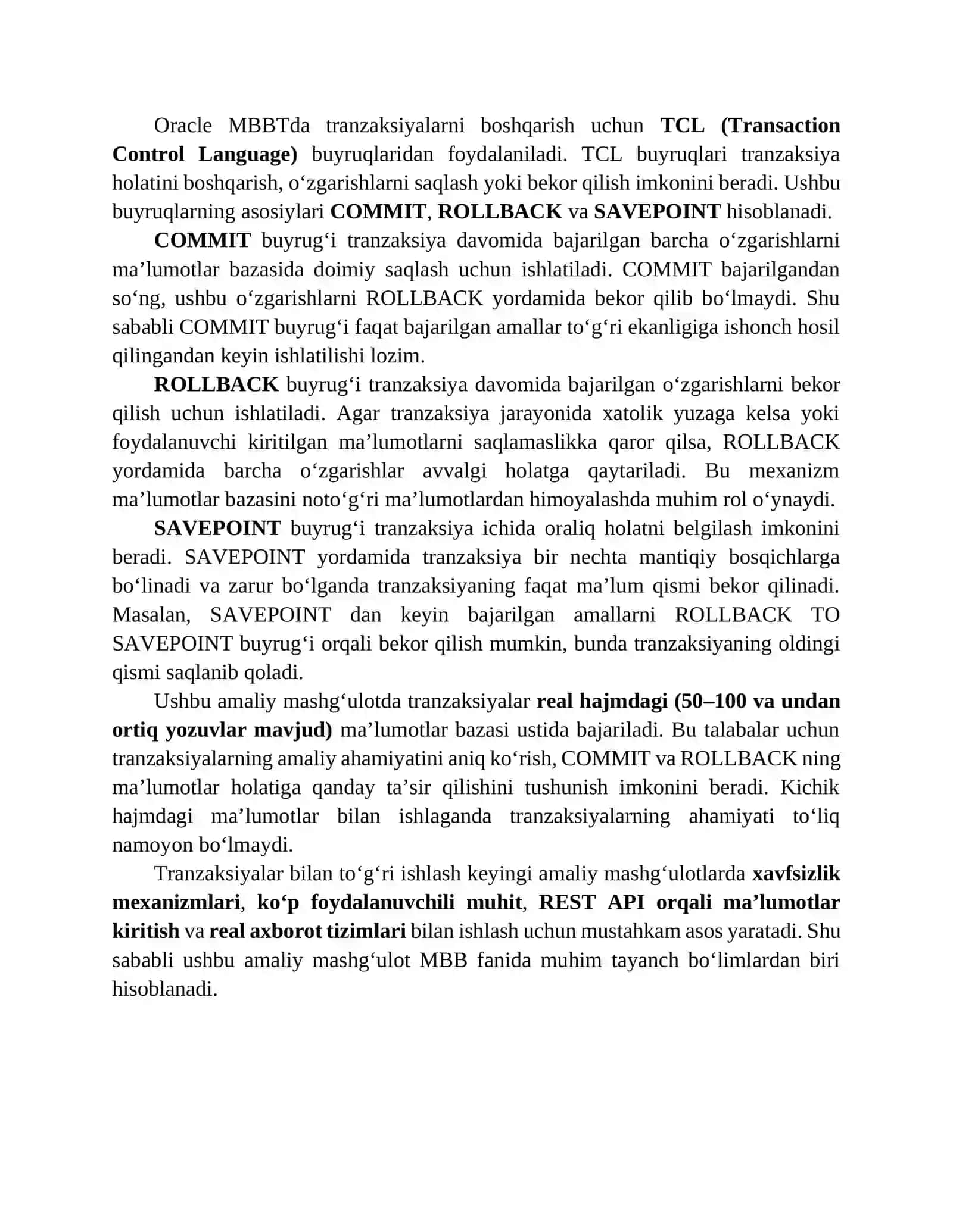 Tranzaksiyalar bilan ishlash. TCL buyruqlaridan foydalangan holda SQL-so‘rovlar yozish 2