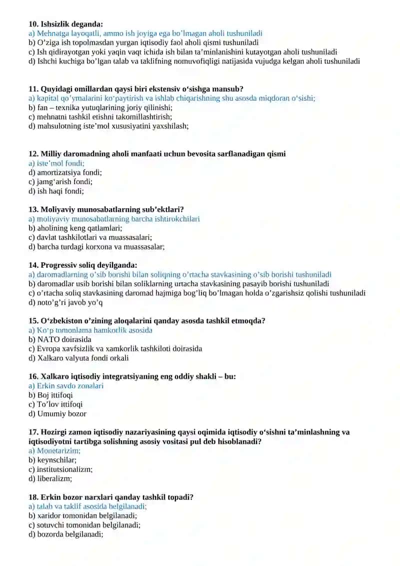 2-KURS TALABALARI UCHUN IQTISODIYOT FANIDAN TEST SAVOLLARI 2