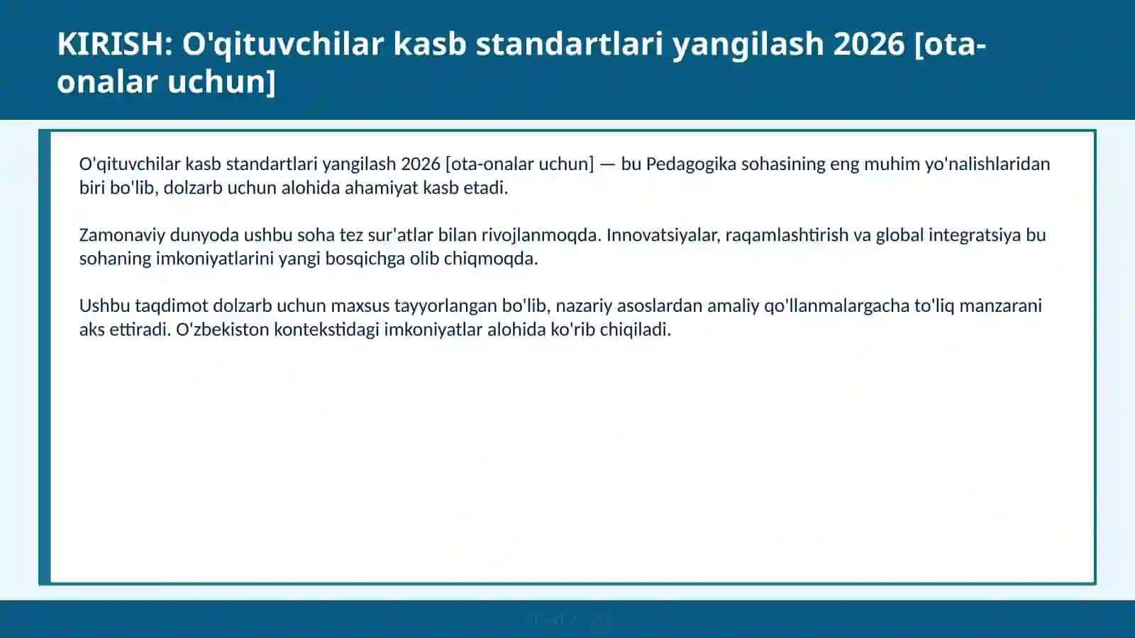 O'qituvchilar kasb standartlari yangilash 2026 [ota-onalar uchun] 2