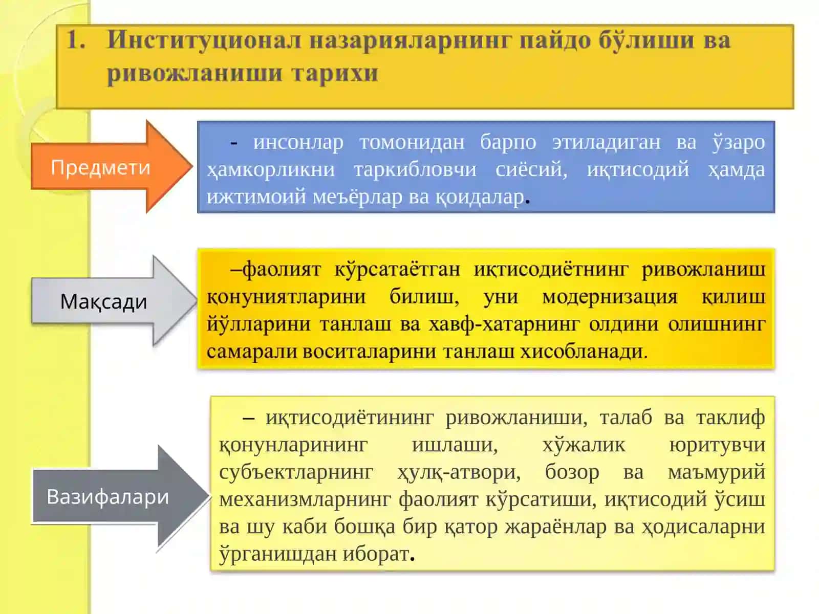“Институционал иқтисодиёт”  фанининг предмети  фанининг предмети ва мазмуни, тамойиллари 2