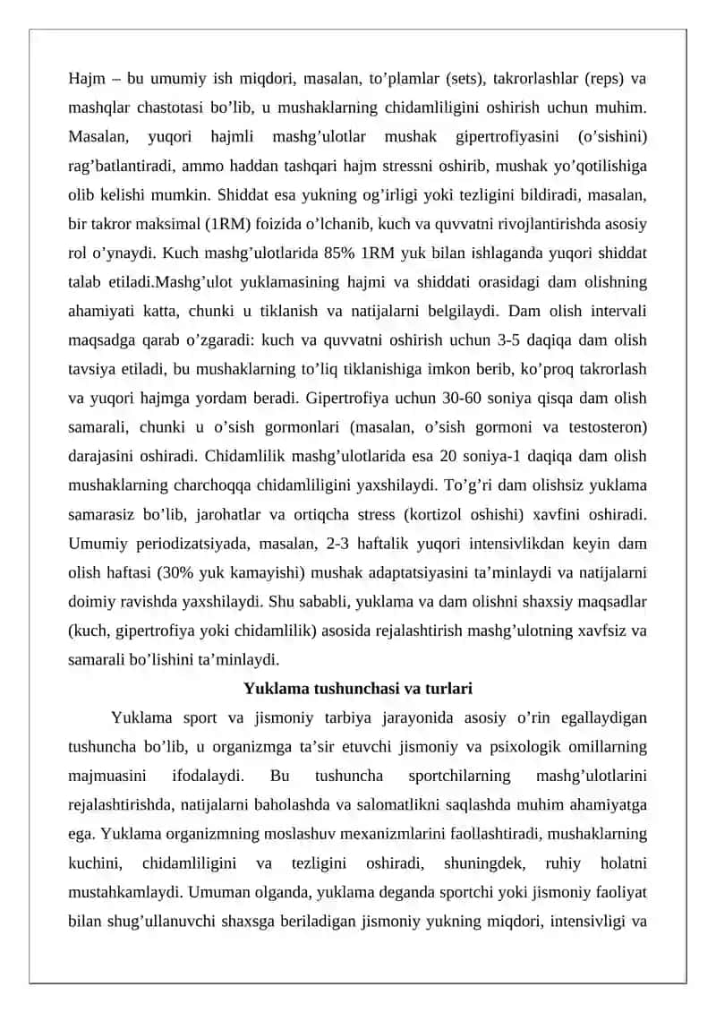 Yuklama haqida tushuncha, mashg’ulot yuklamasining hajmi, shiddati va orasidagi dam olishning ahamiyati 2