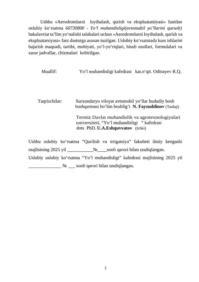 AERODROMLARNI LOYIXALASH, QURISH VA EKSPLUATATSIYASI fanidan 2