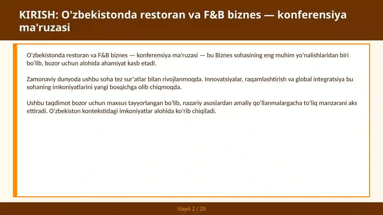 O'zbekistonda Restoran va F&B Biznes - Konferensiya Ma'ruzasi 2