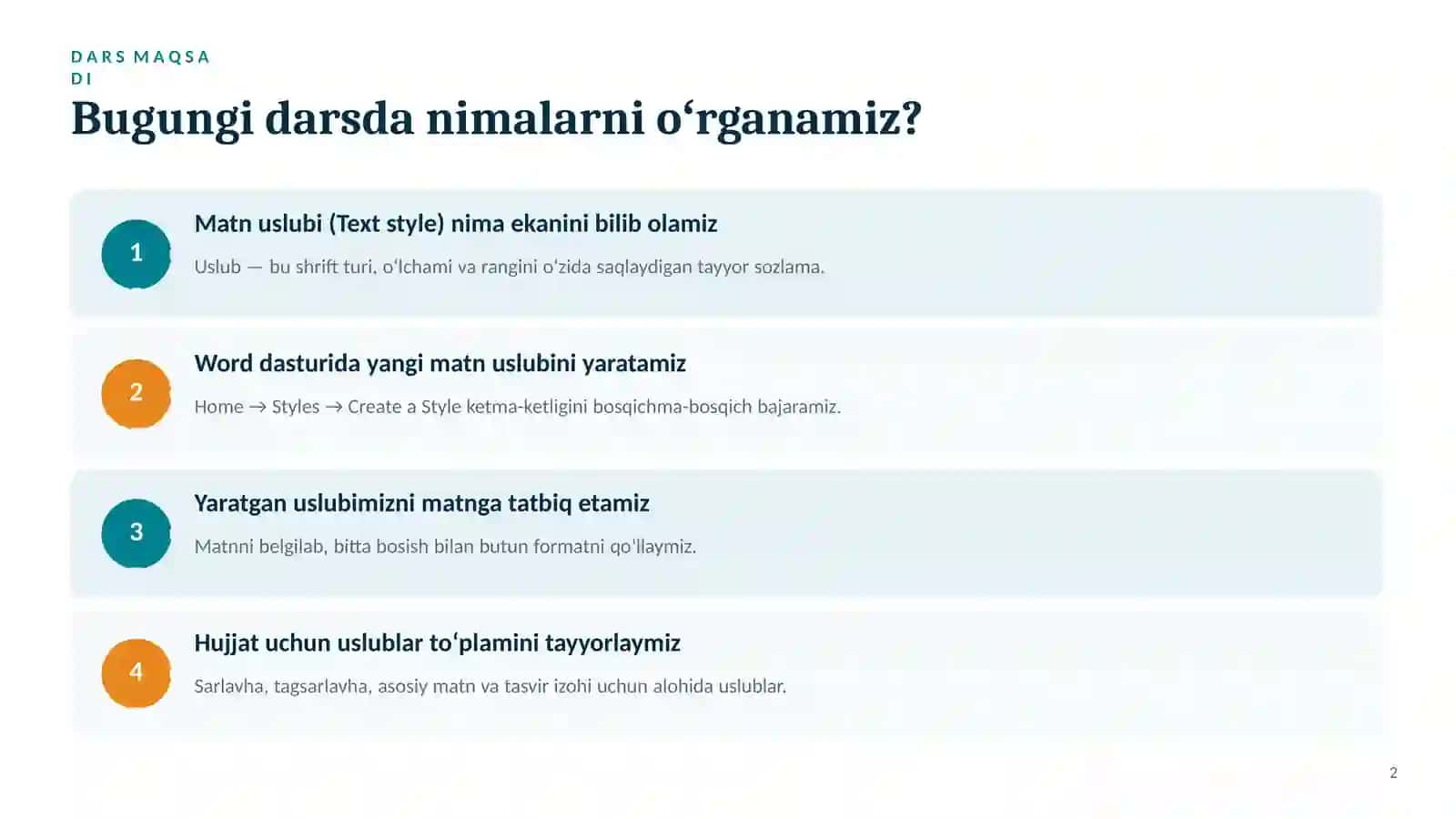Matn stillarini sozlash va ulardan foydalanish 2
