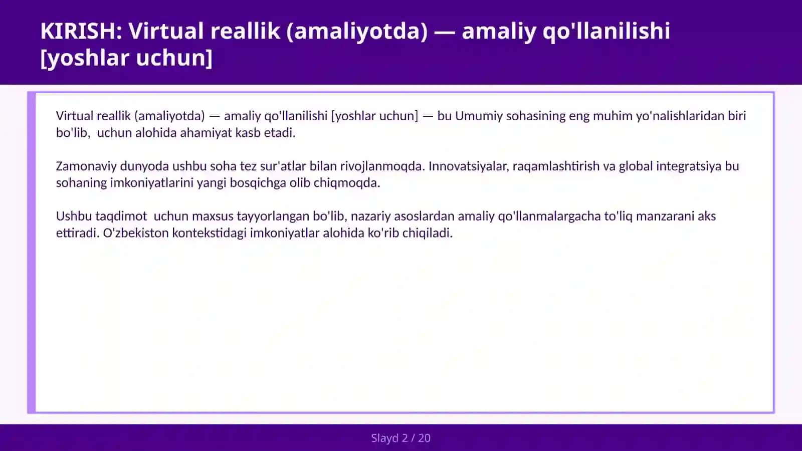 VIRTUAL REALLIK (AMALIYOTDA) — AMALIY QO'LLANILISHI [YOSHLAR UCHUN] 2