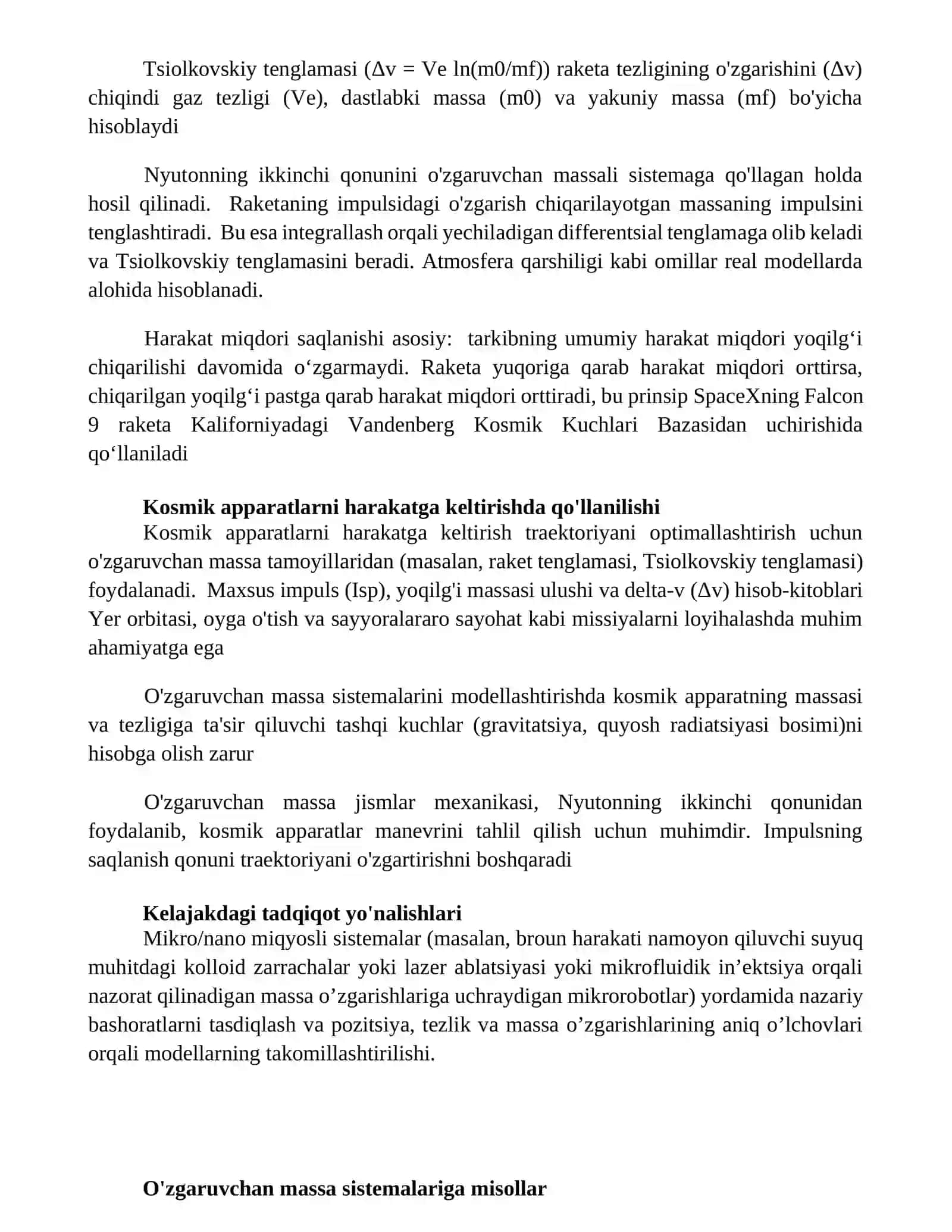 O‘zgaruvchan massali jismlar mexanikasi 2