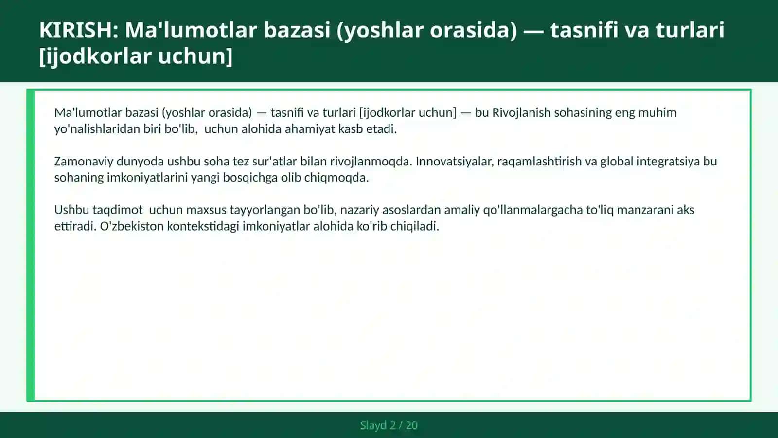 Ma'lumotlar bazasi (yoshlar orasida) — tasnifi va turlari [ijodkorlar uchun] 2