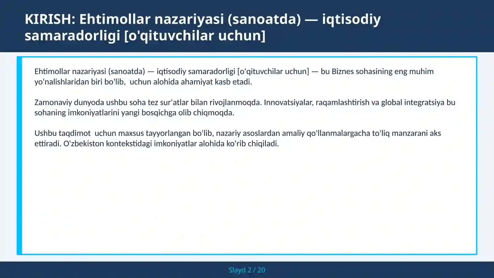 Ehtimollar nazariyasi (sanoatda) — iqtisodiy samaradorligi [o'qituvchilar uchun] 2
