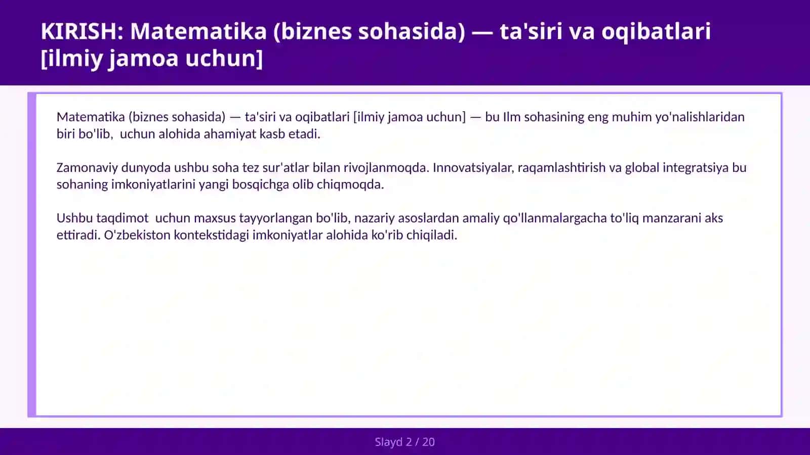 Matematika (biznes sohasida) — ta'siri va oqibatlari [ilmiy jamoa uchun] 2