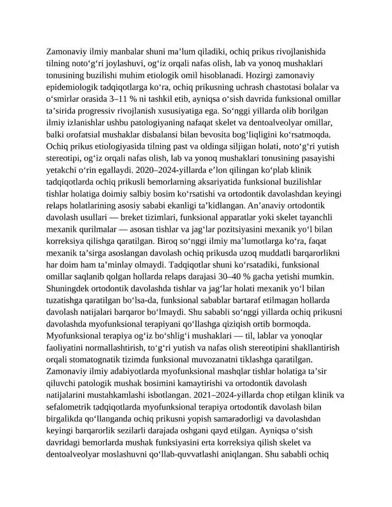 OCHIQ PRIKUSDA MYOFUNKSIONAL TERAPIYANING ORTODONTIK DAVOLASH BARQARORLIGIGA TA’SIRI 2