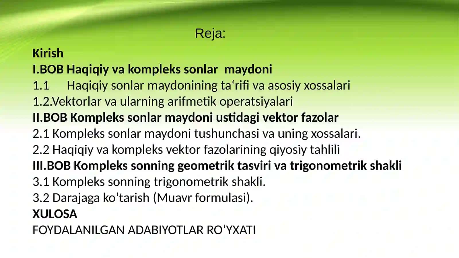 Haqiqiy vakompleks sonlarning arifmetik fazosi 2