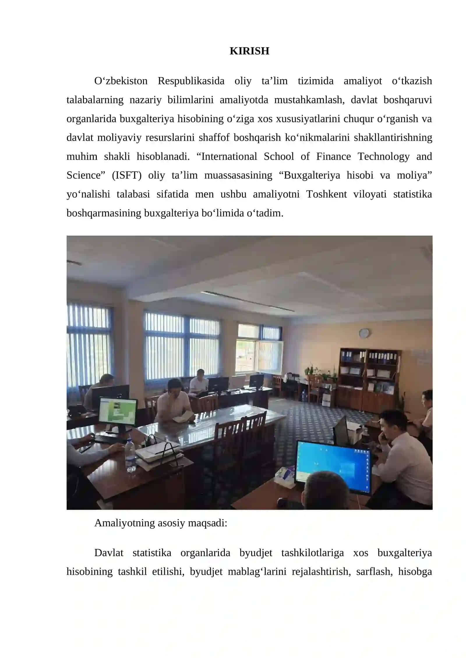 “Toshkent viloyati statistika boshqarmasi” da oʻtagan 
AMALIYOT HISOBOTI 2