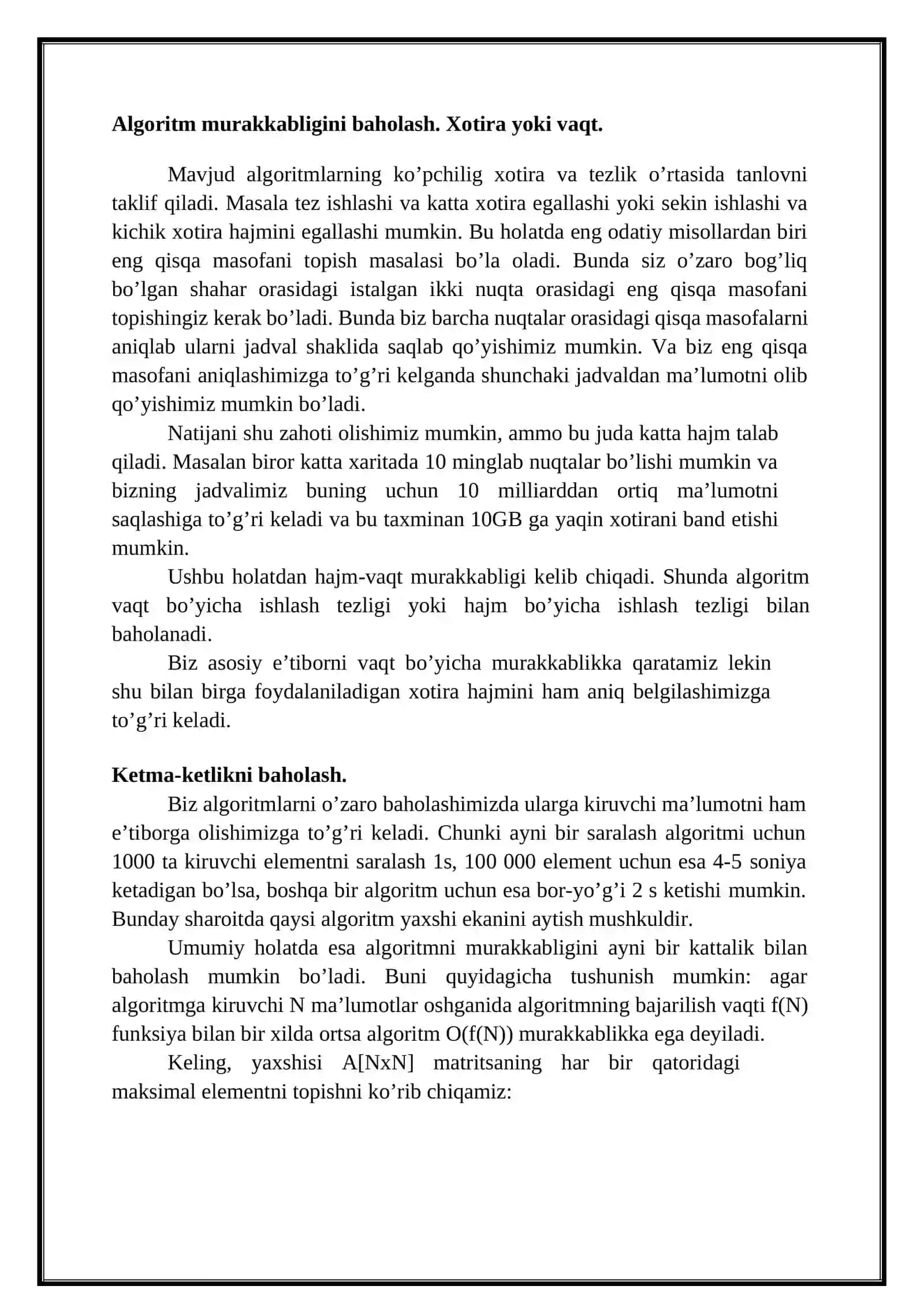 Algoritm murakkabligini statik va dinamik o‘lchovlari. Vaqt va xotira hajimi bo‘yicha qiyinchiliklar 2