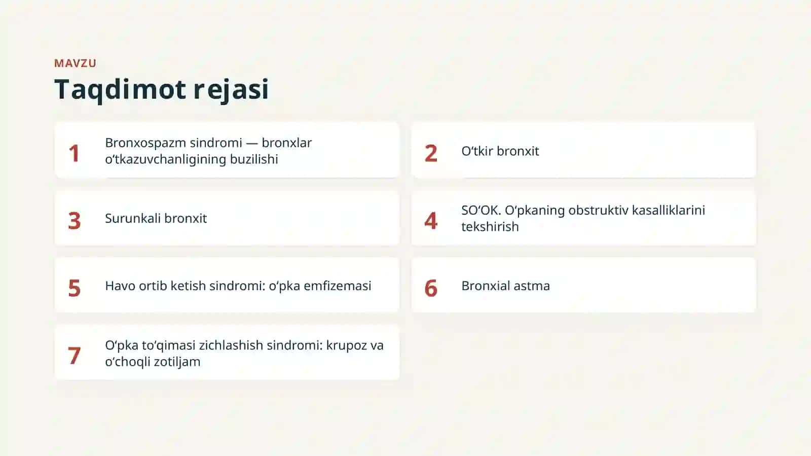 Bronxlar oʻtkazuvchanligining buzilish sindromi.Otkir va surunkali bronxit.Oʻpka emfizemasi.Bronxial asa krupoz va oʻchoqli zotiljam 2