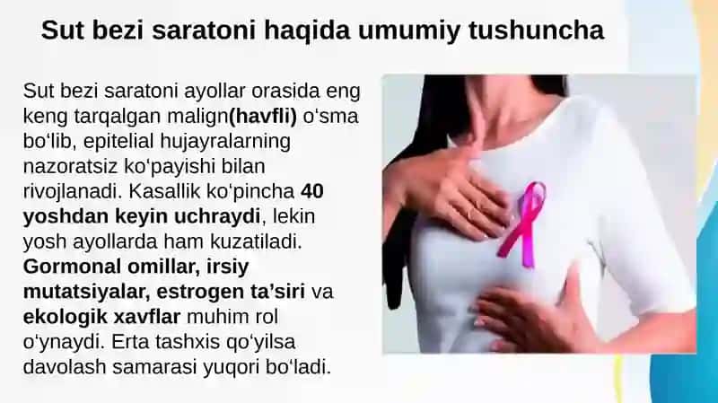 Sut bezi saratoni . Ko'krak bezi raki , etiologiyasi, patogenezi, diagnostikasi va davolash 2