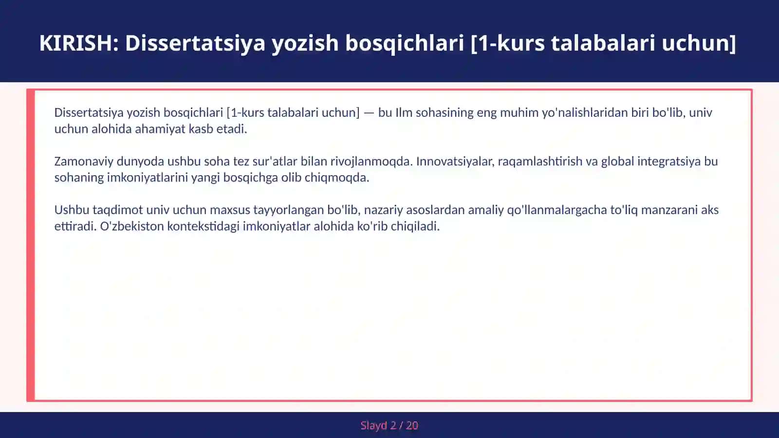 Dissertatsiya yozish bosqichlari [1-kurs talabalari uchun] 2
