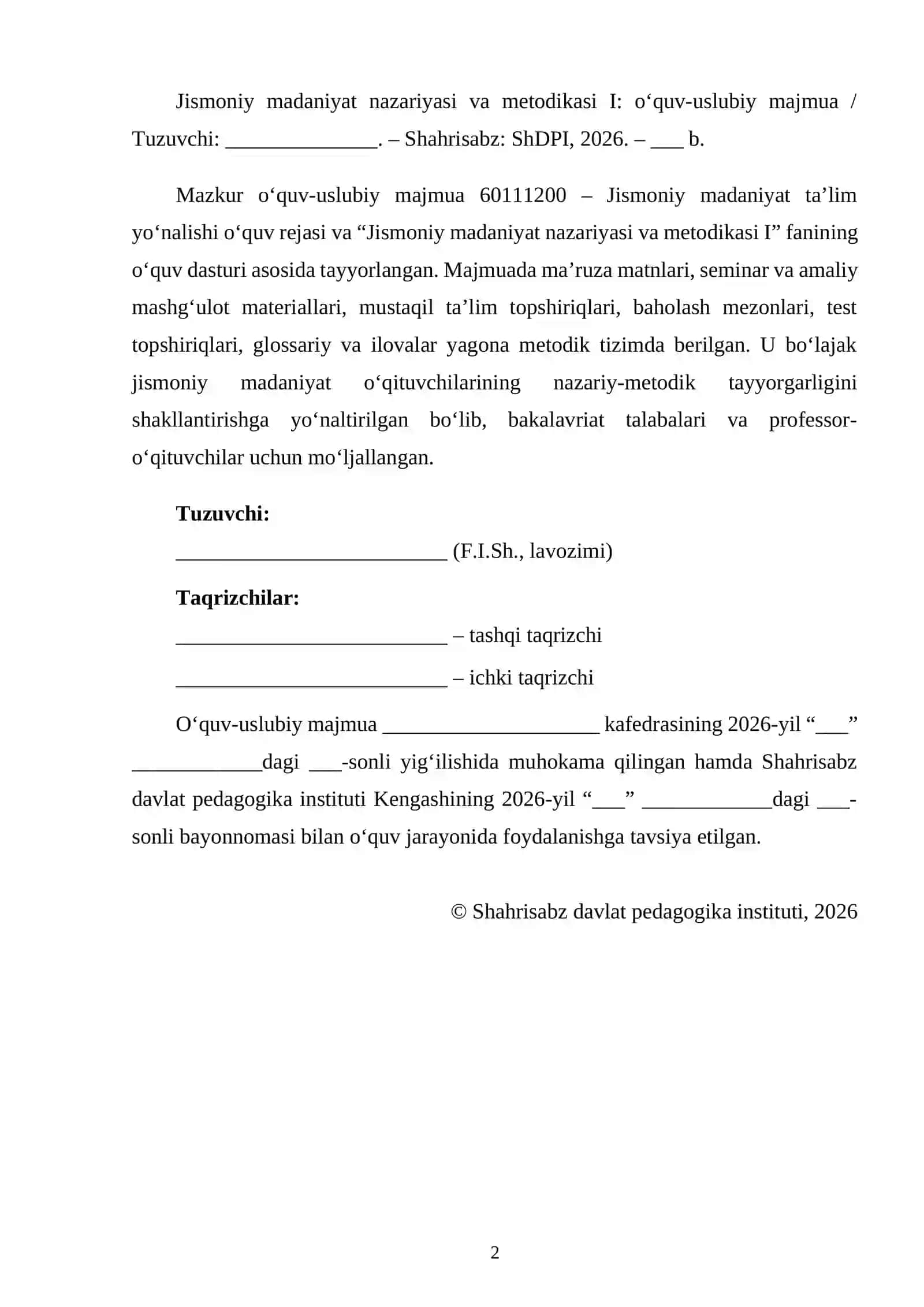 JISMONIY MADANIYAT O'QUV USLUBIY MAJMUA 2