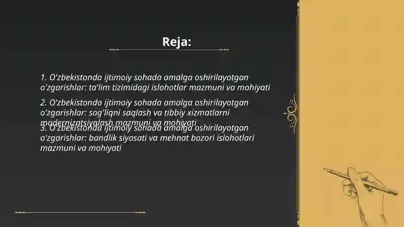 O'zbekistonda ijtimoiy sohada amalga oshirilayotgan o'zgarishlar: ta'lim tizimidagi islohotlar mazmuni va mohiyati 2