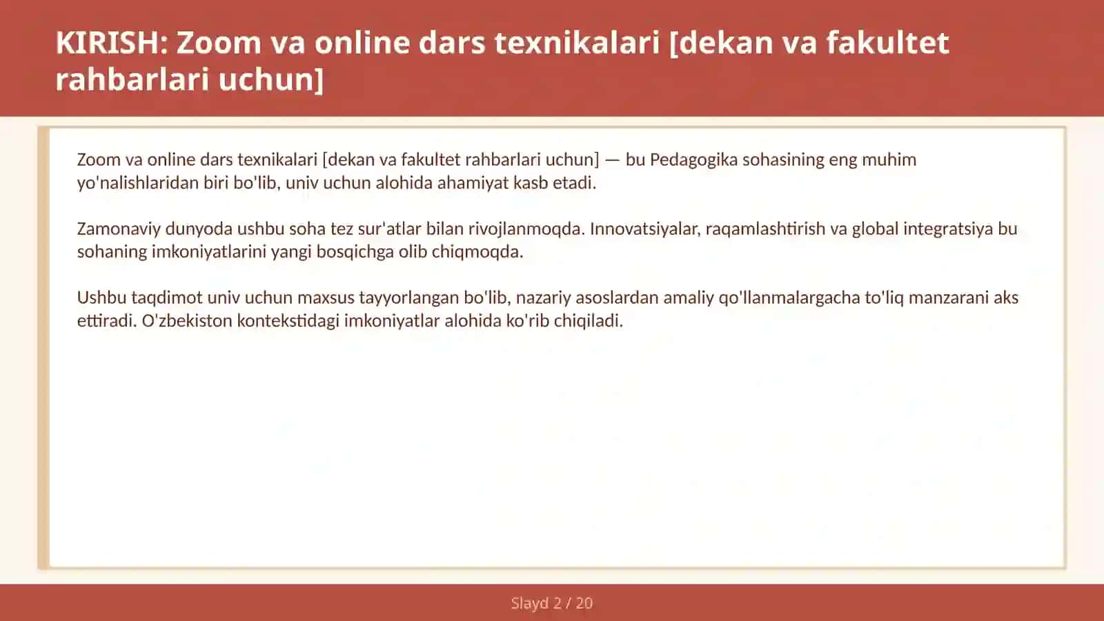 Zoom va online dars texnikalari [dekan va fakultet rahbarlari uchun] 2