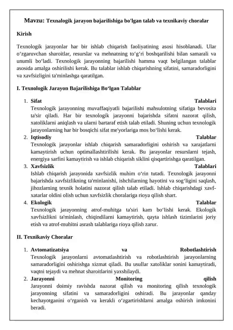 Texnalogik jarayon bajarilishiga bo'lgan talab va texnikaviy choralar 2