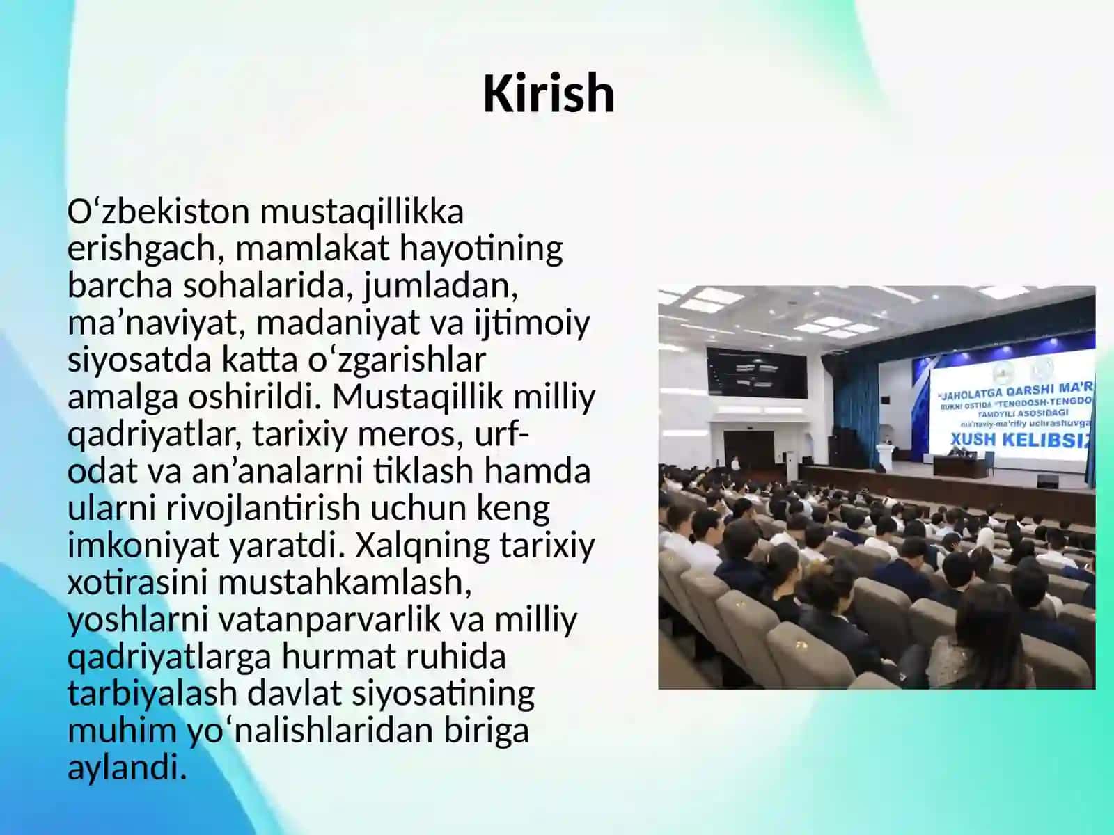 O‘zbekistonda ma’naviy va madaniy taraqqiyot, ijtimoiy siyosat va aholi turmush darajasining yaxshilanishi 2