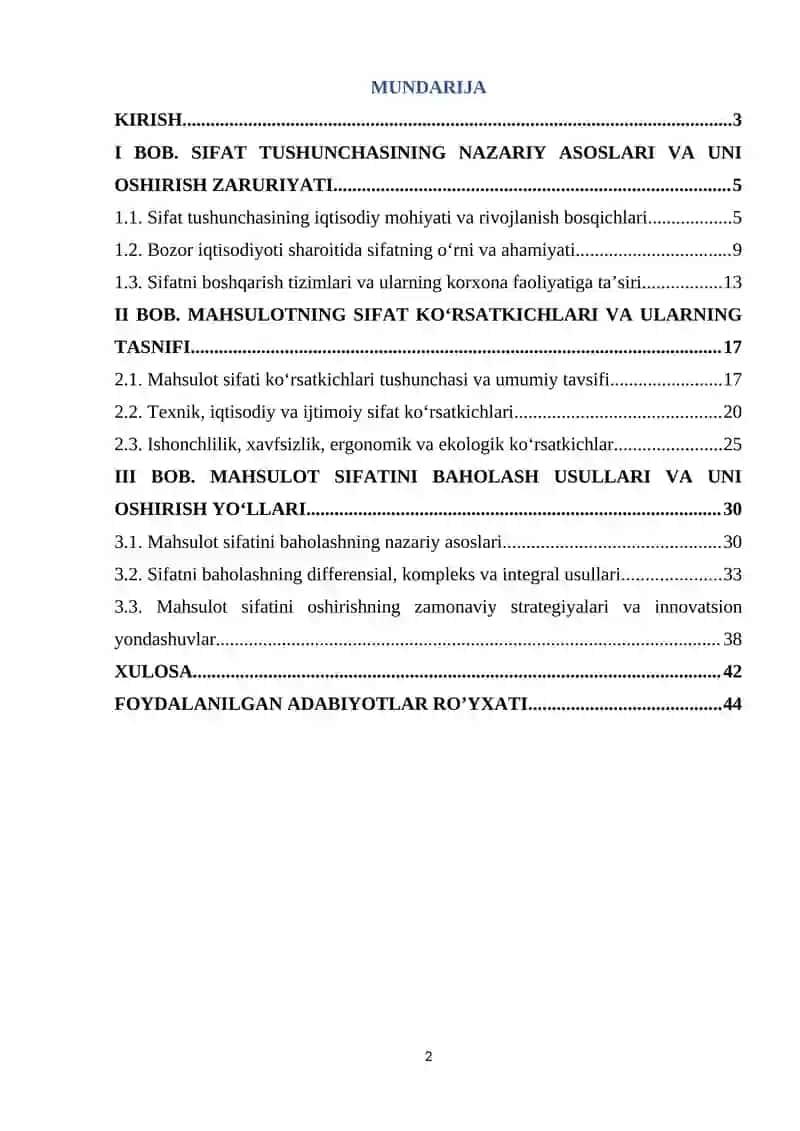 Sifat tushunchasi va uni oshirish zaruriyati hamda mahsulotning sifat ko’rsatkichlari va ularni baholash usullari 2