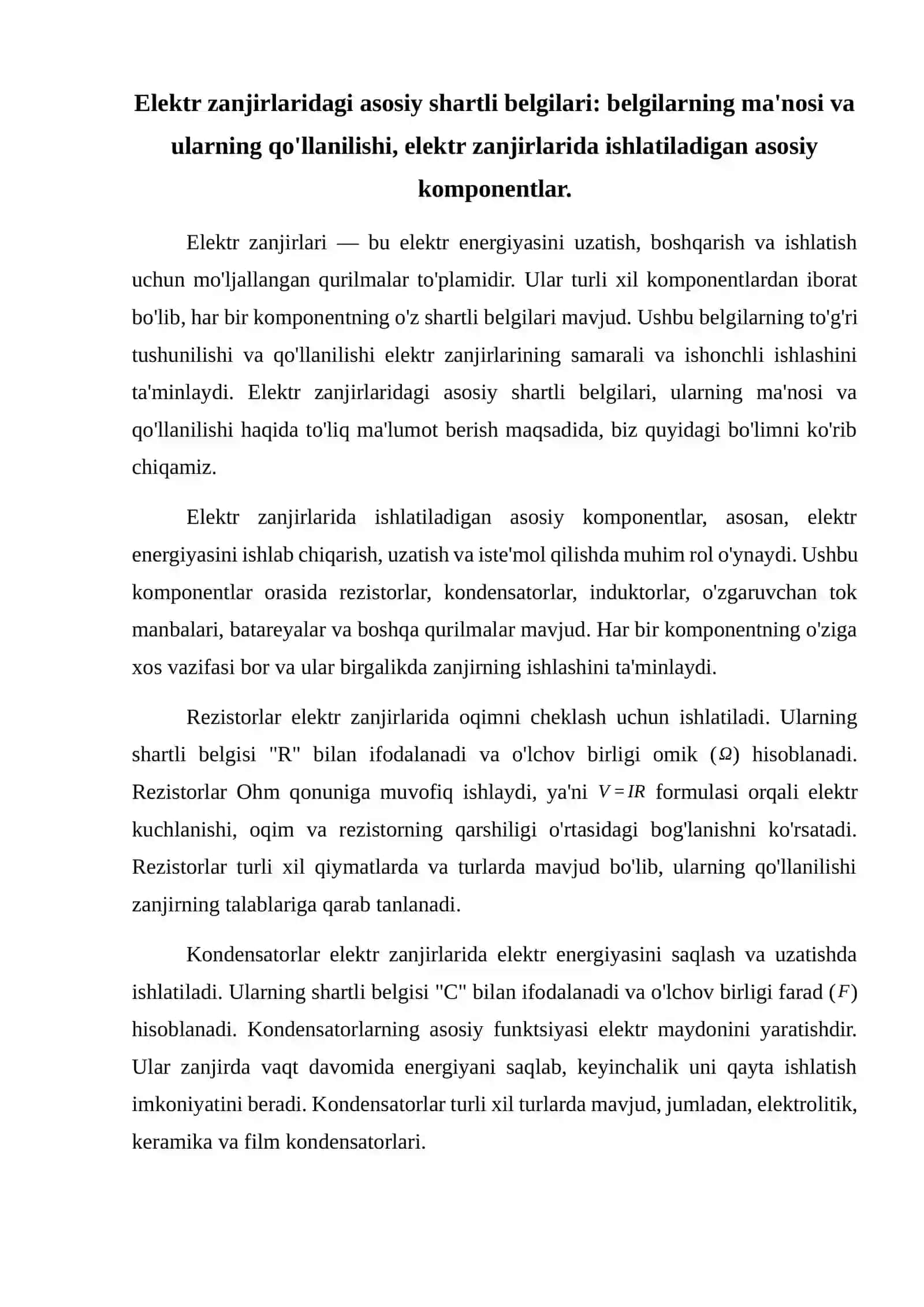 Elektr zanjirlaridagi asosiy shartli belgilari va elektr zanjirlari sxemalari asosiy turlari 2