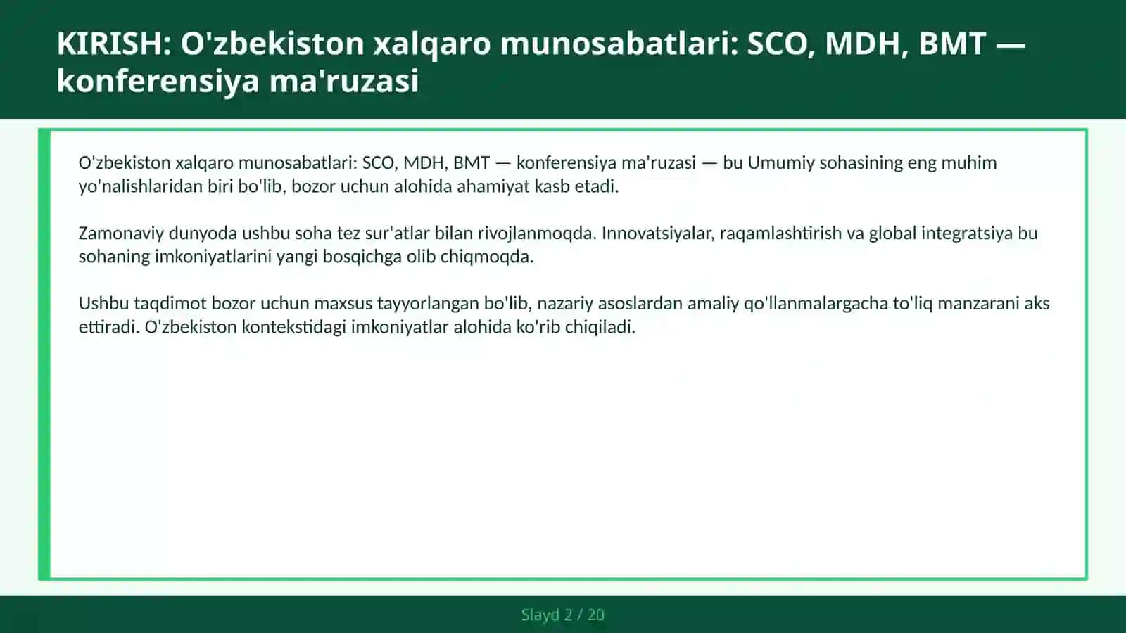 O'zbekiston Xalqaro Munosabatlari: SCO, MDH, BMT — Konferensiya Ma'ruzasi 2