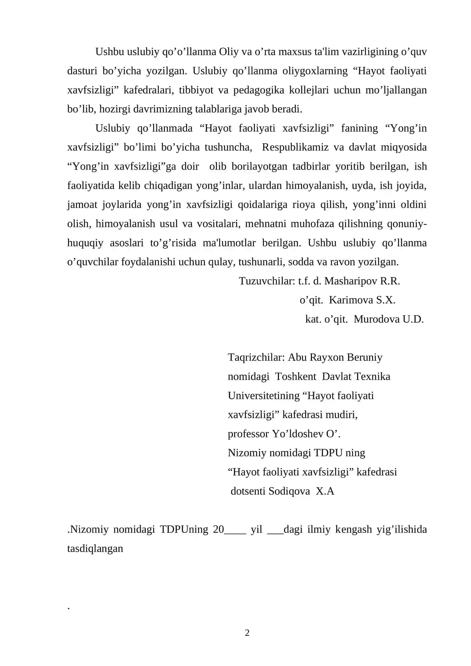 Uslubiy qo’llanma "Hayot faoliyati xavfsizligi (Yong’in xavfsizligi)" 2