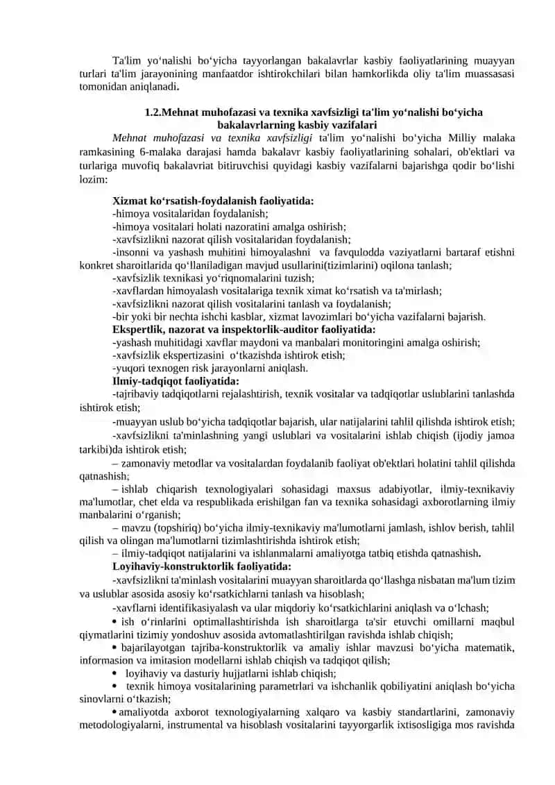 Mehnat muhofazasi va texnika xavfsizligi” ta'lim yoʻnalishining faoliyat obyektlari va ish sohalari toʻgʻrisida tushuncha 2