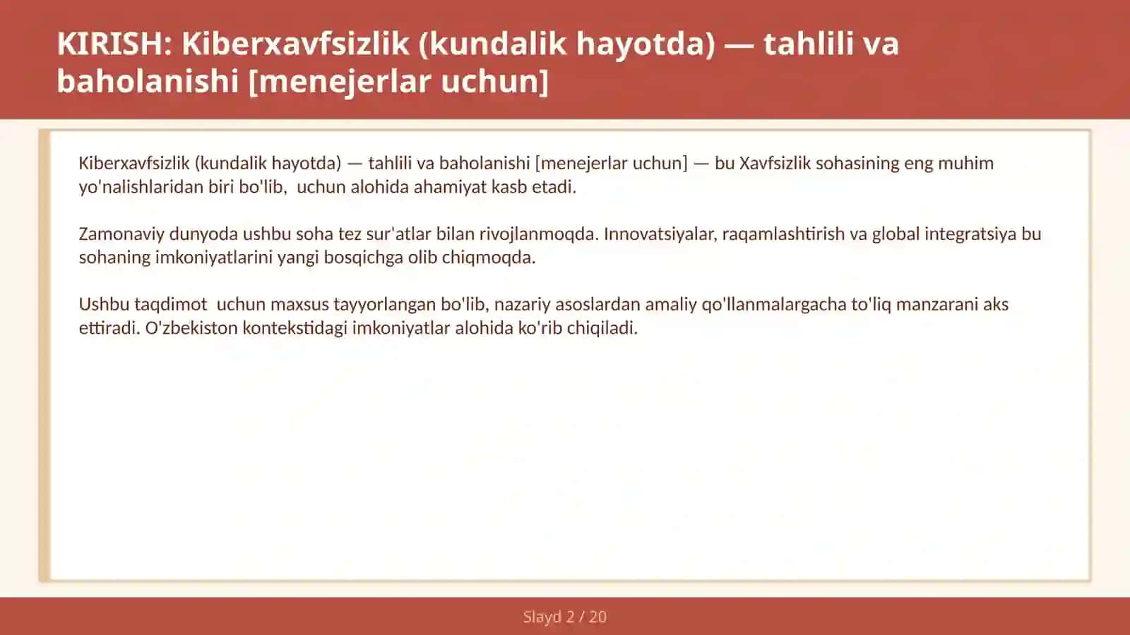 KIBERXAVFSIZLIK (KUNDALIK HAYOTDA) — TAHLILI VA BAHOLANISHI [MENEJERLAR UCHUN] 2