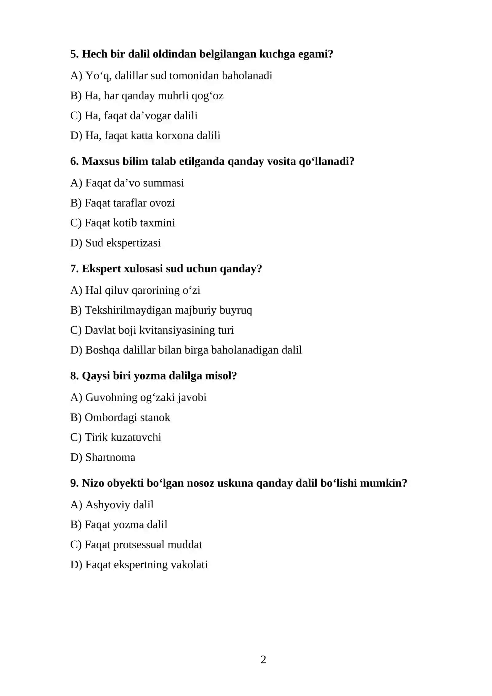 Iqtisodiy protsessida isbotlash va dalillar TEST 2