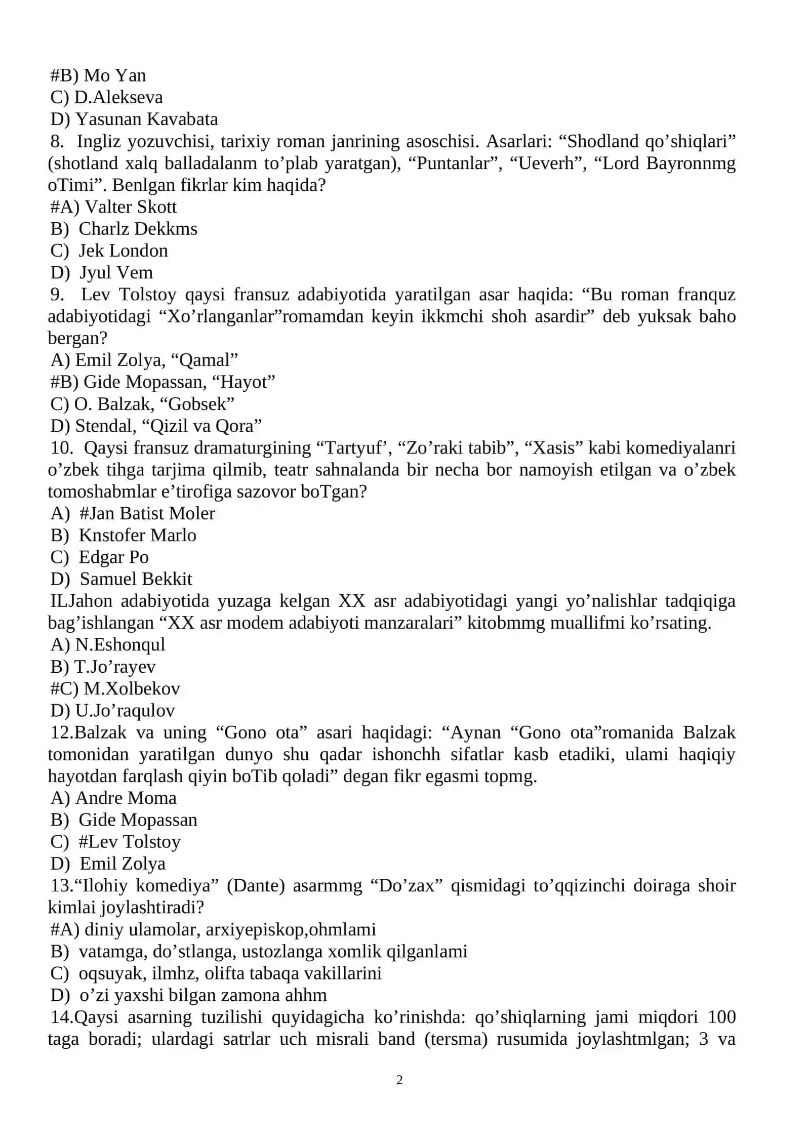 JAHON ADABIYOTT' famdan test savollan 2