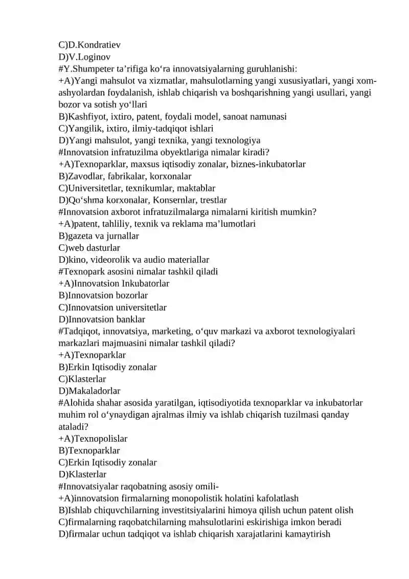 Innovatsion iqtisodiyot fanidan yakuniy nazorat testlari 2