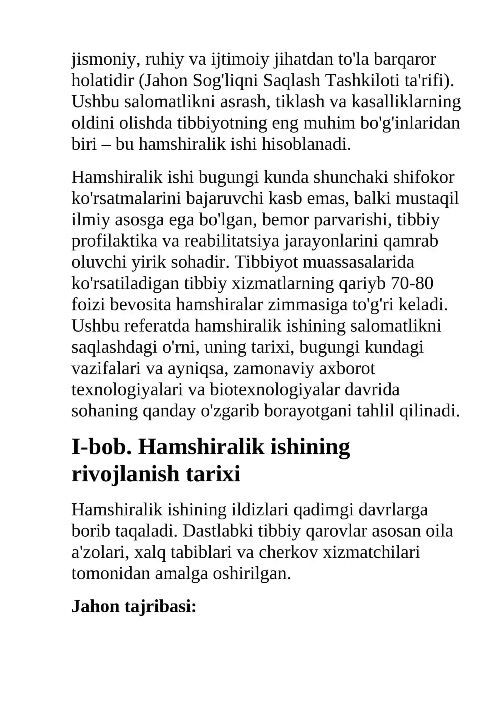 Hamshiralik ishi va salomatlik: Tarixi, zamonaviy yondashuvlar va axborot texnologiyalarining o'rni 2