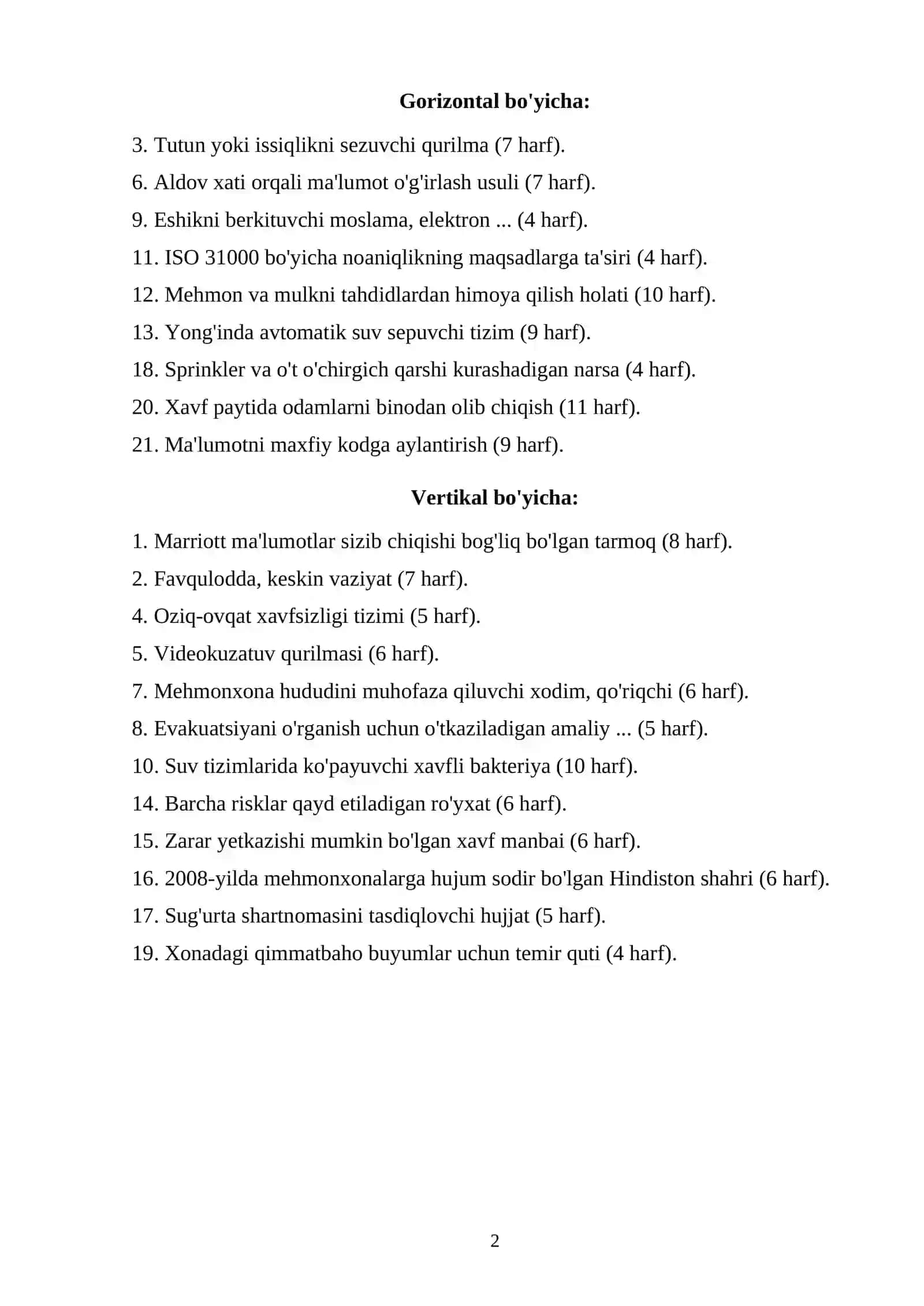 Xalqaro mehmonxonalarda xavfsizlik tizimlari (Security & Safety Management) va risklarni boshqarish 2