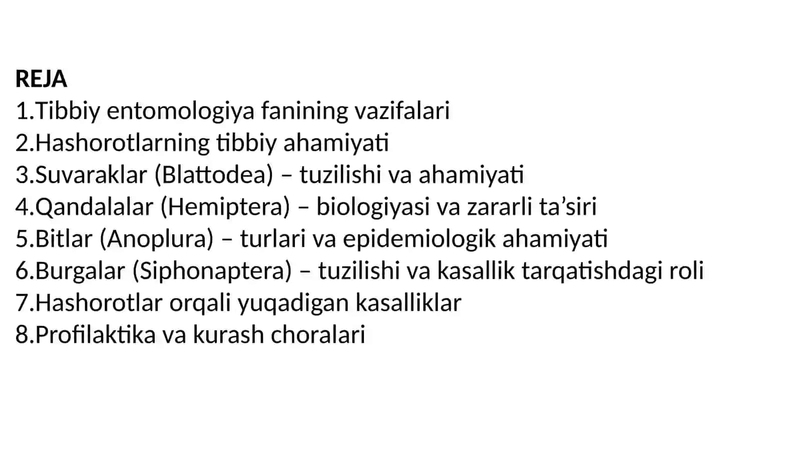 Tibbiyotda ahamiyatga ega bo`lgan hashorotlar, suvaraklar,qandalalar,bitlar ,burgalar 2