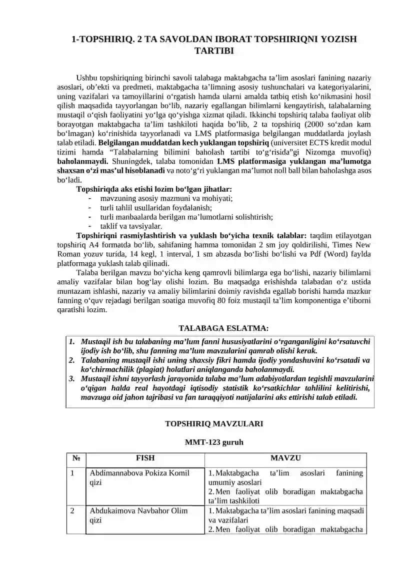 MAKTABGACHA TA’LIM ASOSLARI FANIDAN 2