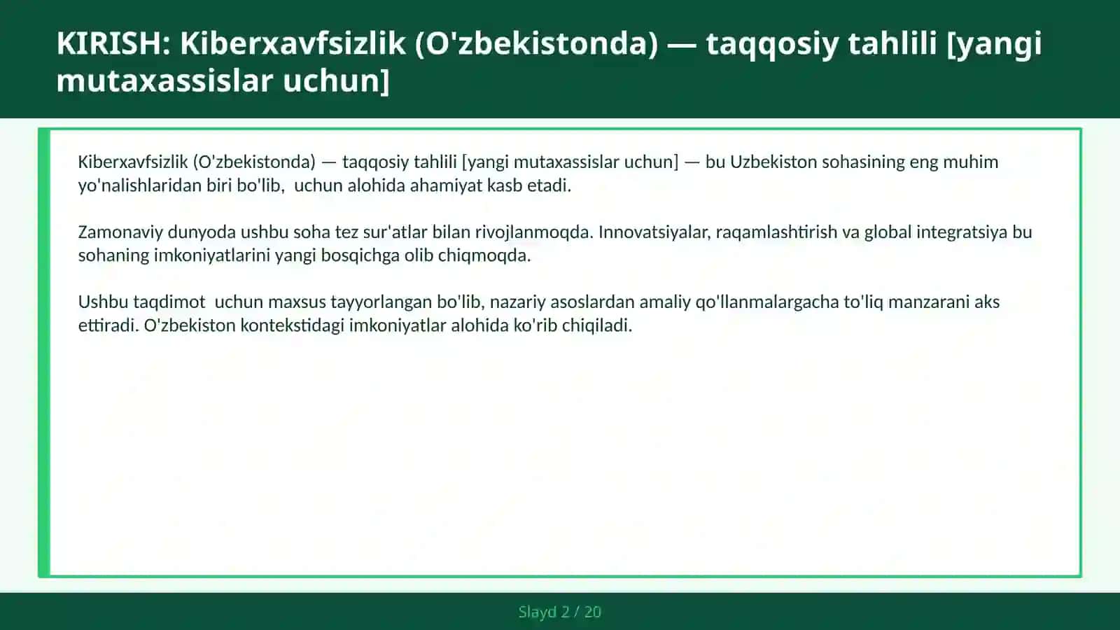 Kiberxavfsizlik (O'zbekistonda) — taqqosiy tahlili [yangi mutaxassislar uchun] 2