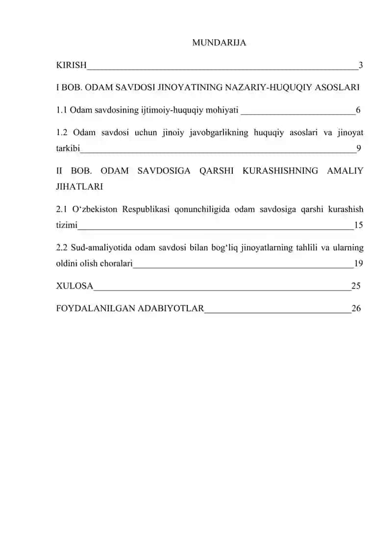 "Odam savdosi uchun jinoiy javobgarlik: nazariya va amaliyot" kurs ishi 2