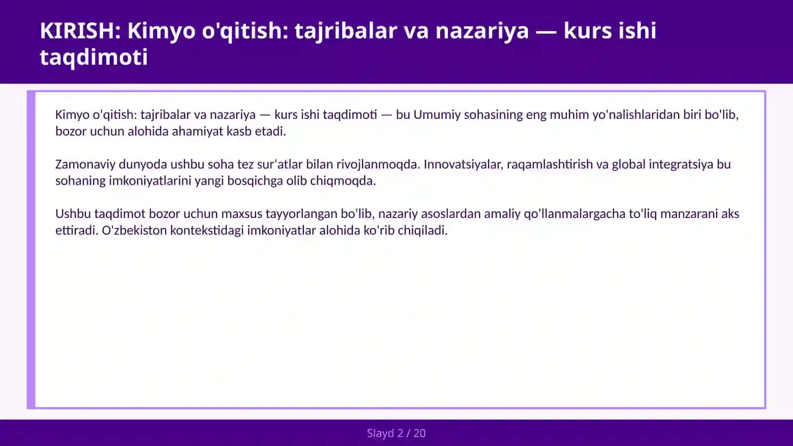 Kimyo o'qitish: tajribalar va nazariya — kurs ishi taqdimoti 2