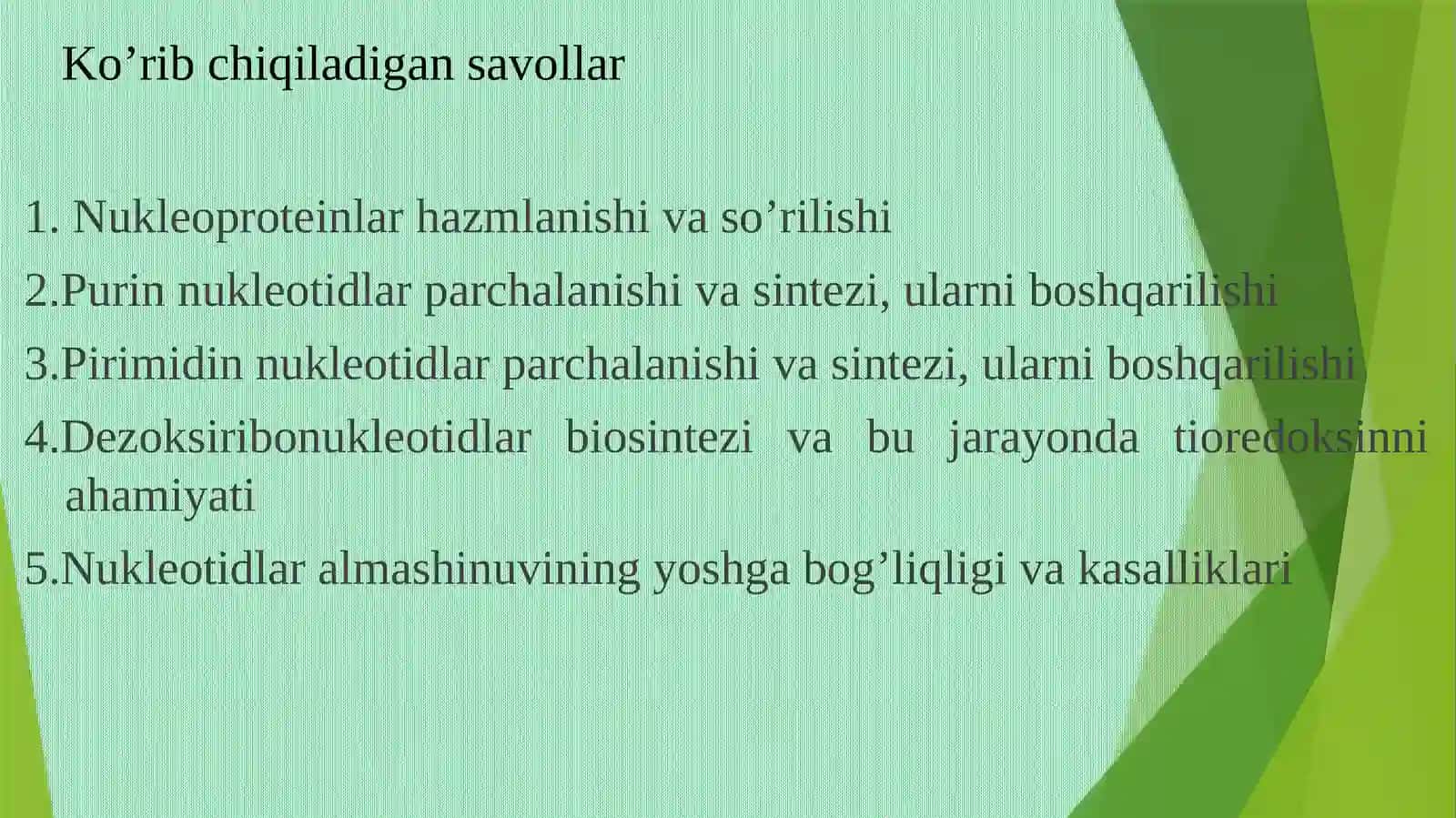Nukleotidlar almashinuvi. Purin va pirimidin nukleotidlar katabolizmi va parchalanishi 2