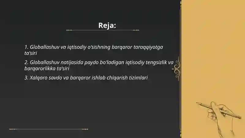 Barqaror taraqqiyotni ta’minlashda globallashuvning ijobiy va salbiy yònalishlari 2