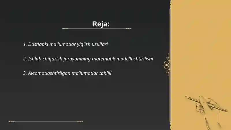 Dastlabki ma'lumotlar va ishlab chiqarish sharoitini oʻrganish 2